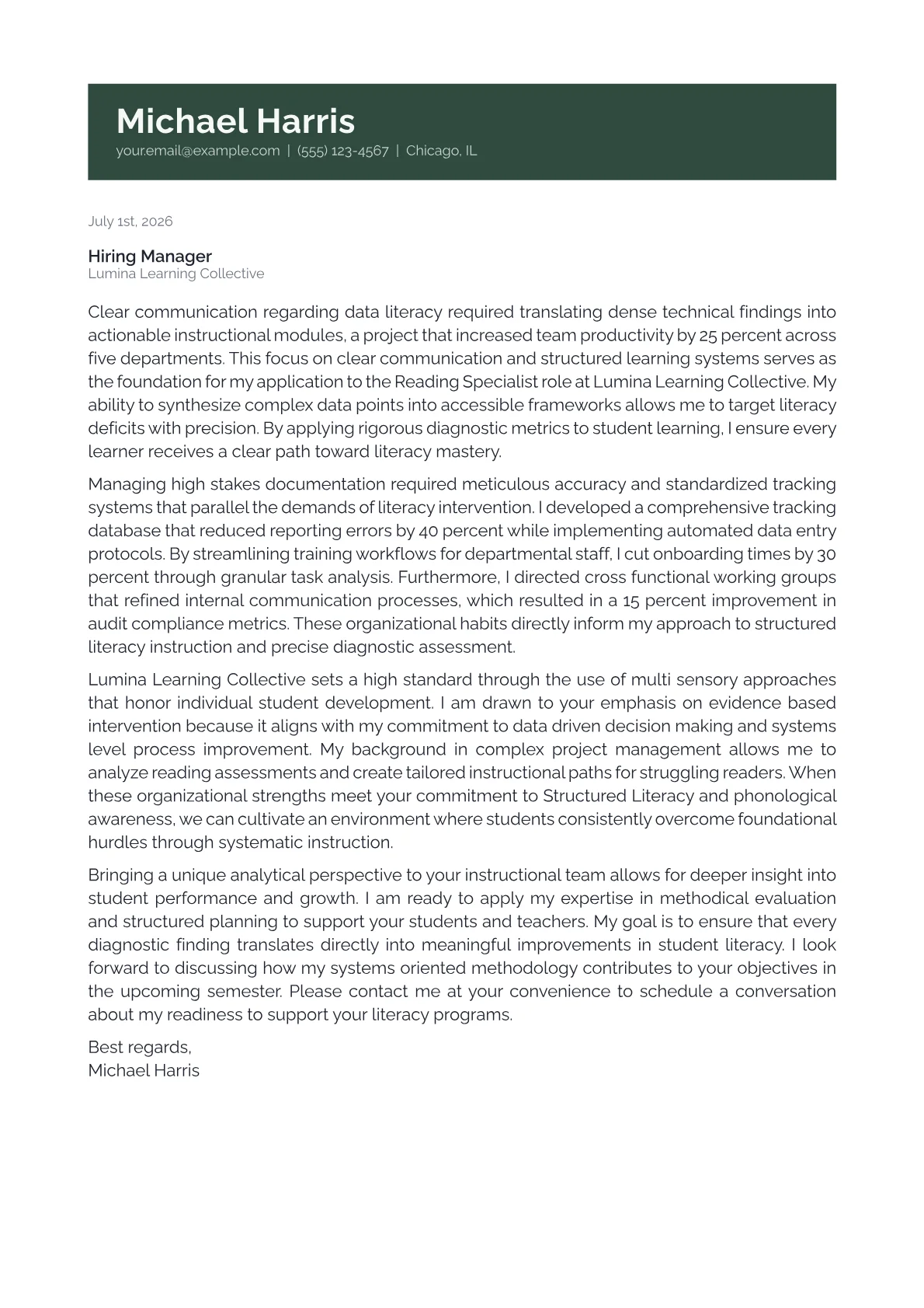 Reading Specialist cover letter in the Banner design