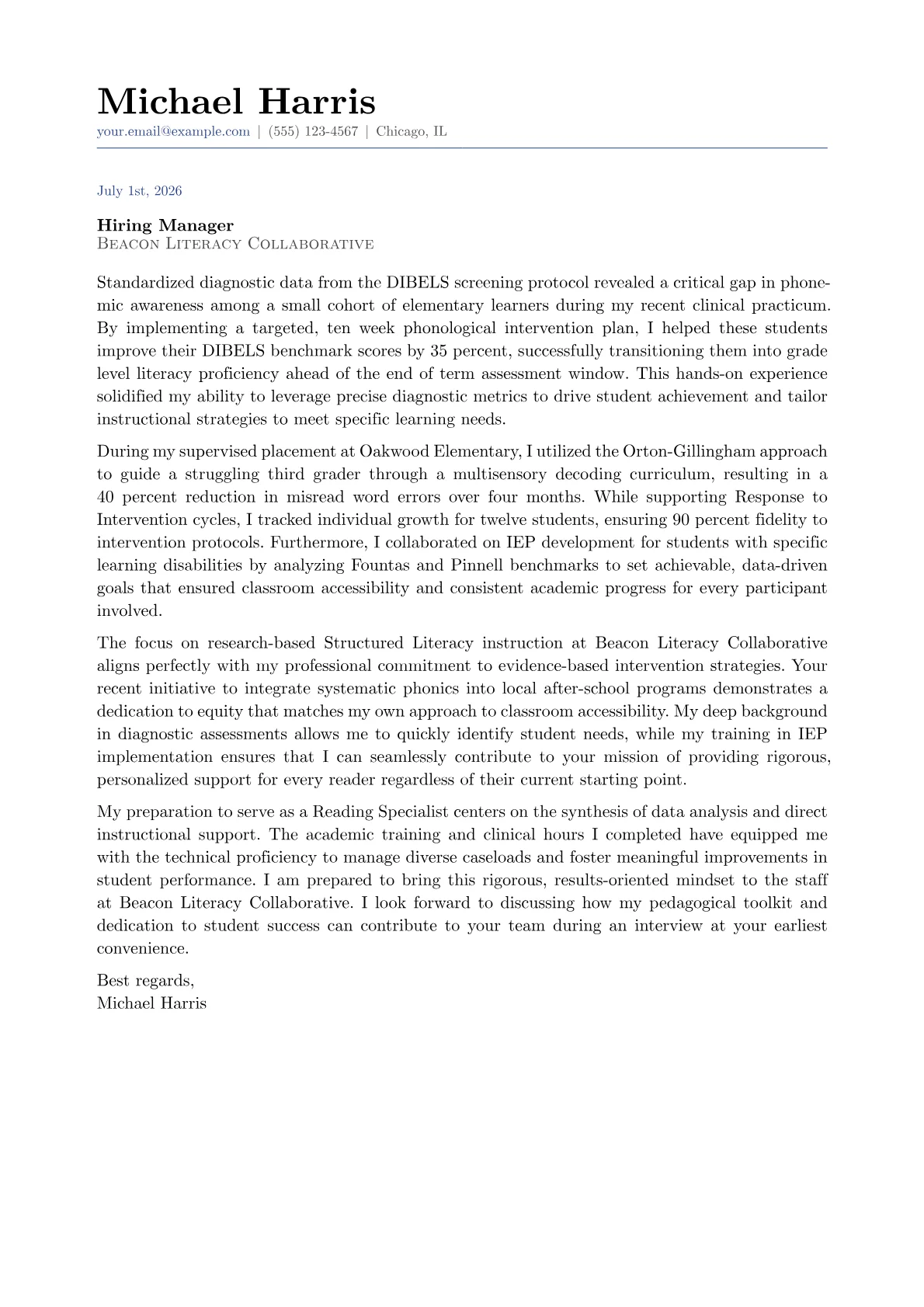 Reading Specialist cover letter in the Classic design