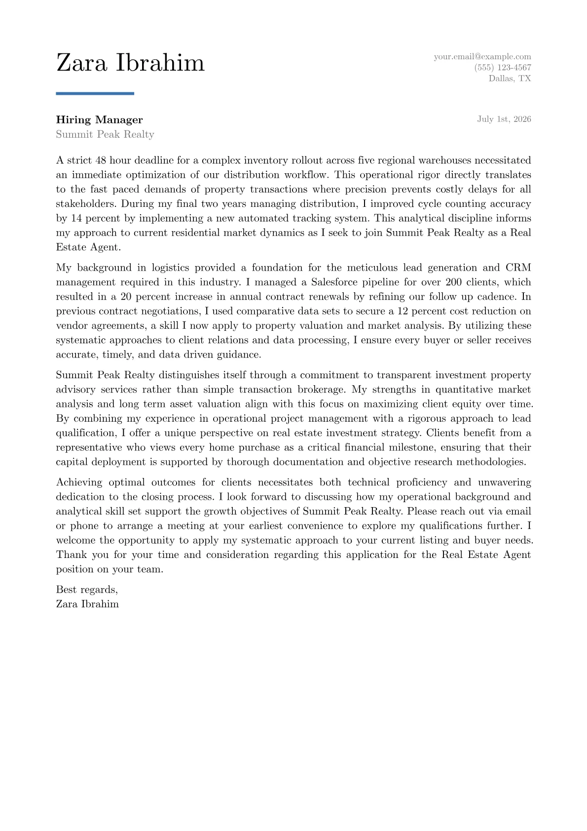 Real Estate Agent cover letter in the Executive design