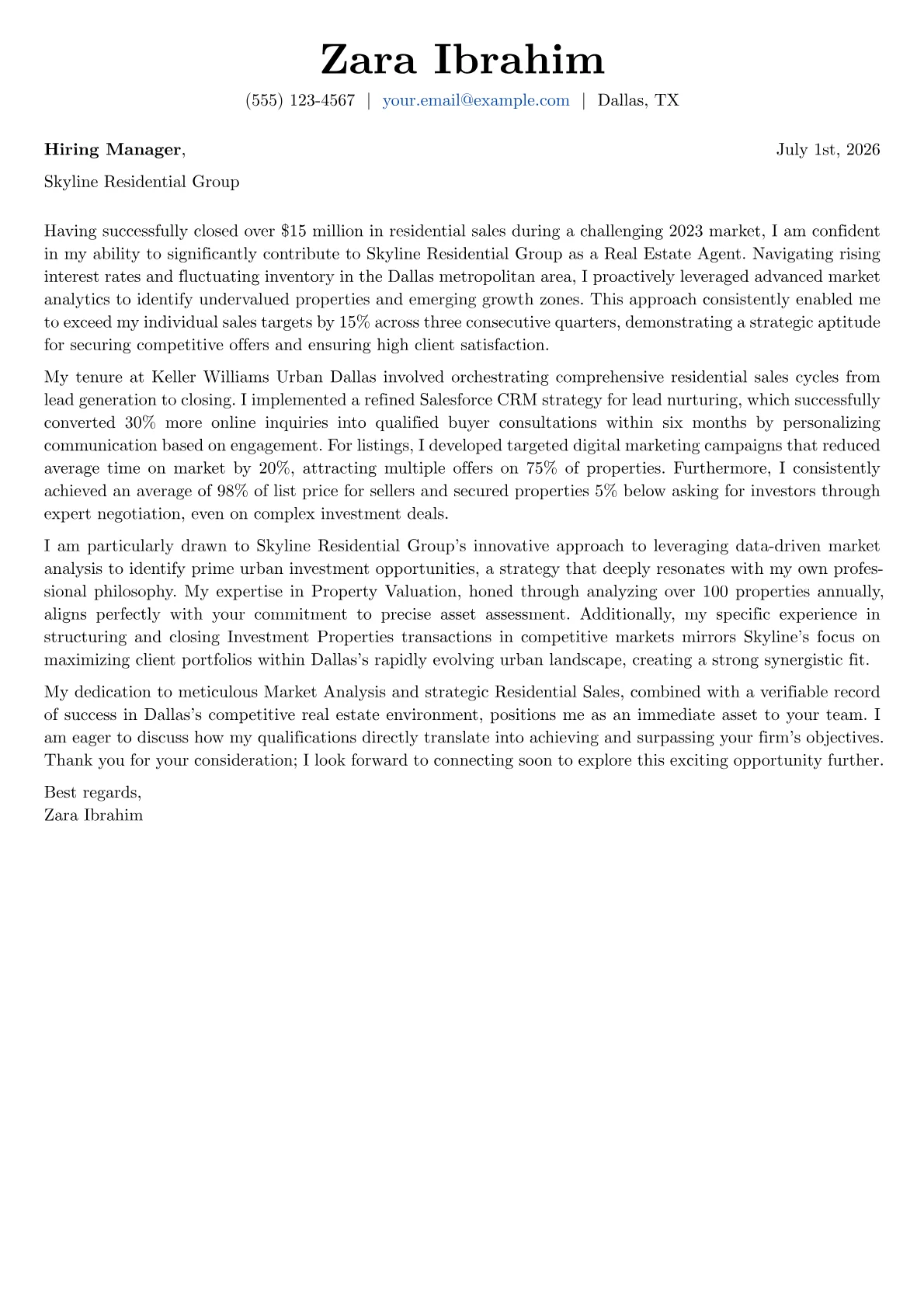 Real Estate Agent cover letter formatted with a JobSprout template