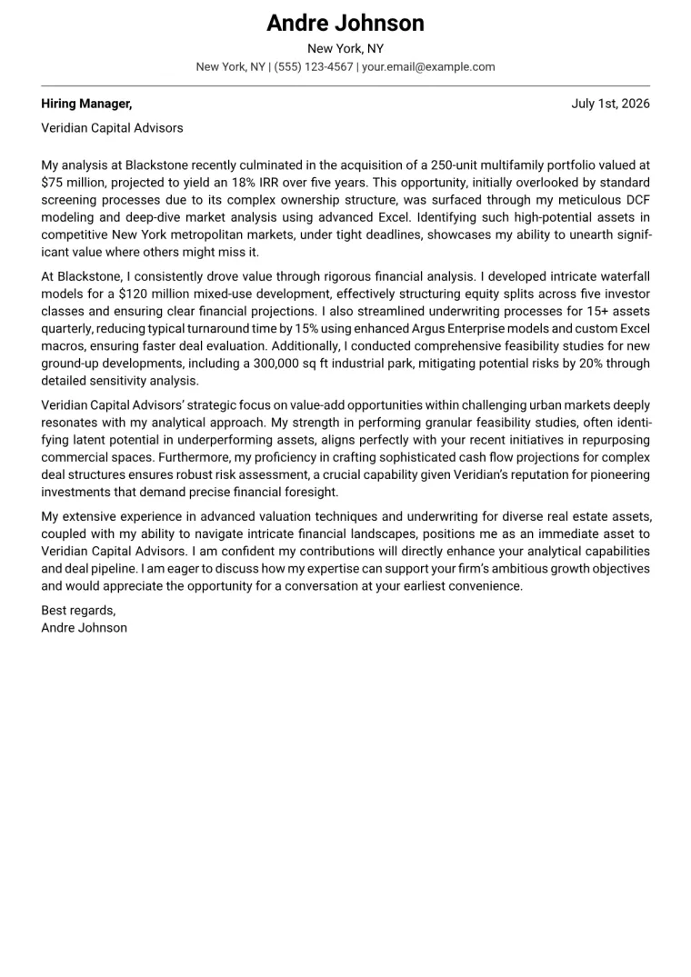 Real Estate Analyst Cover Letter Example