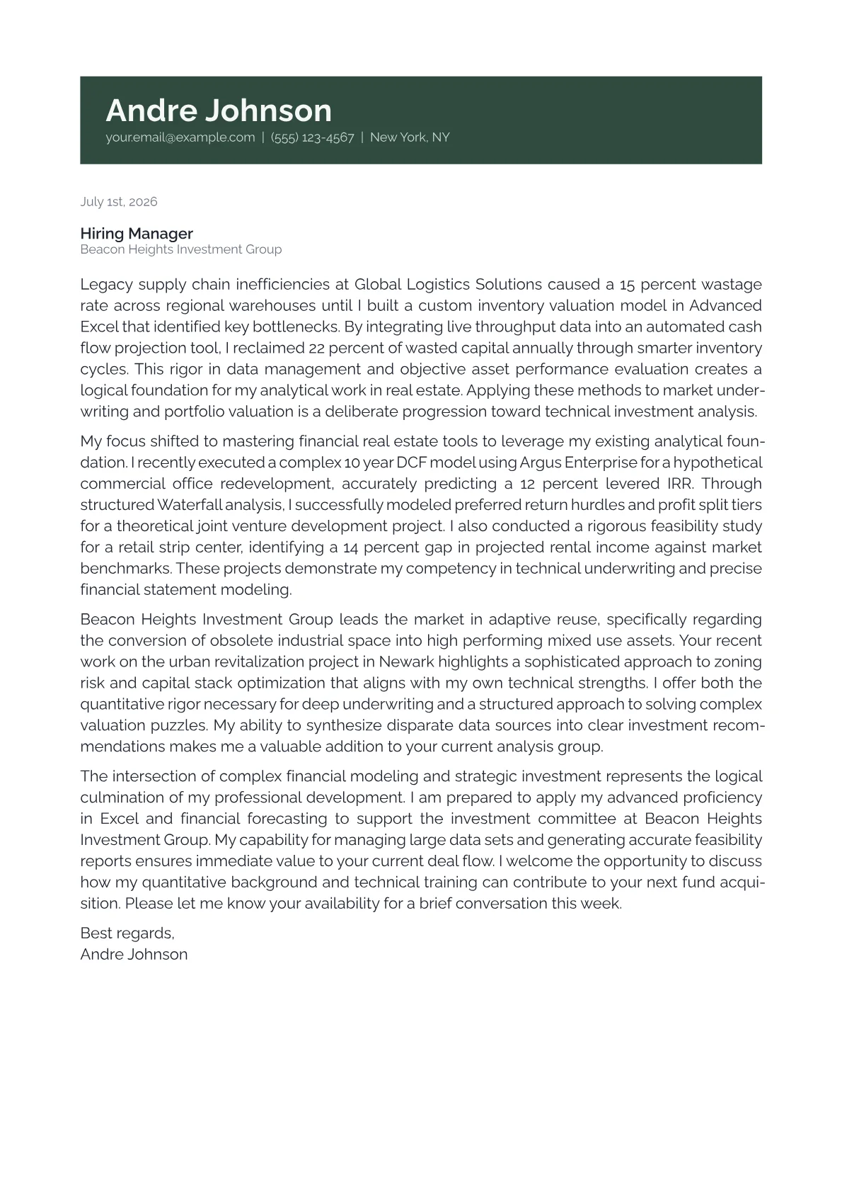 Real Estate Analyst cover letter in the Banner design