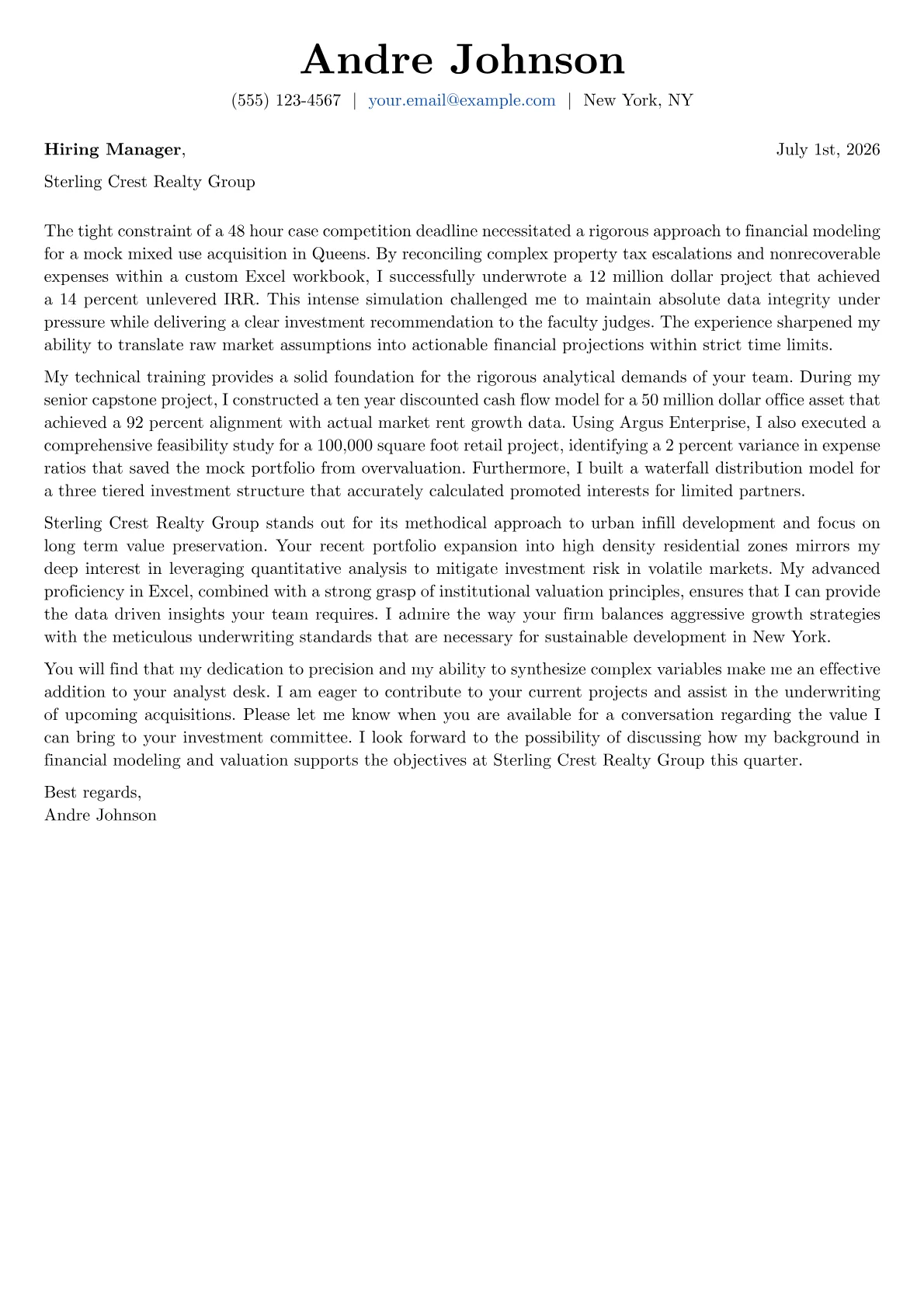 Real Estate Analyst cover letter in the Basic design