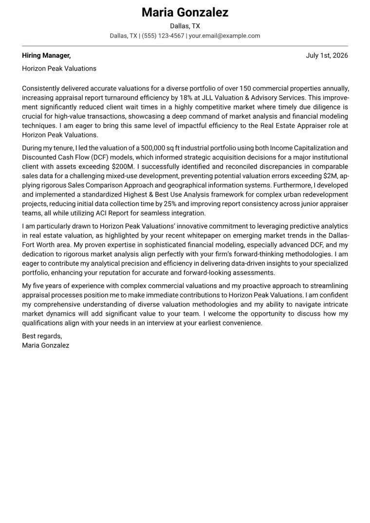 Real Estate Appraiser Cover Letter Example