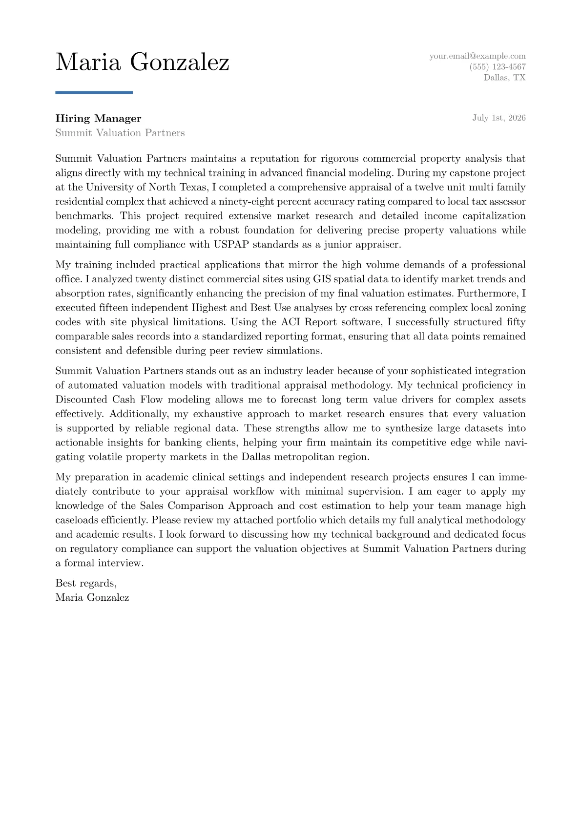 Real Estate Appraiser cover letter in the Executive design