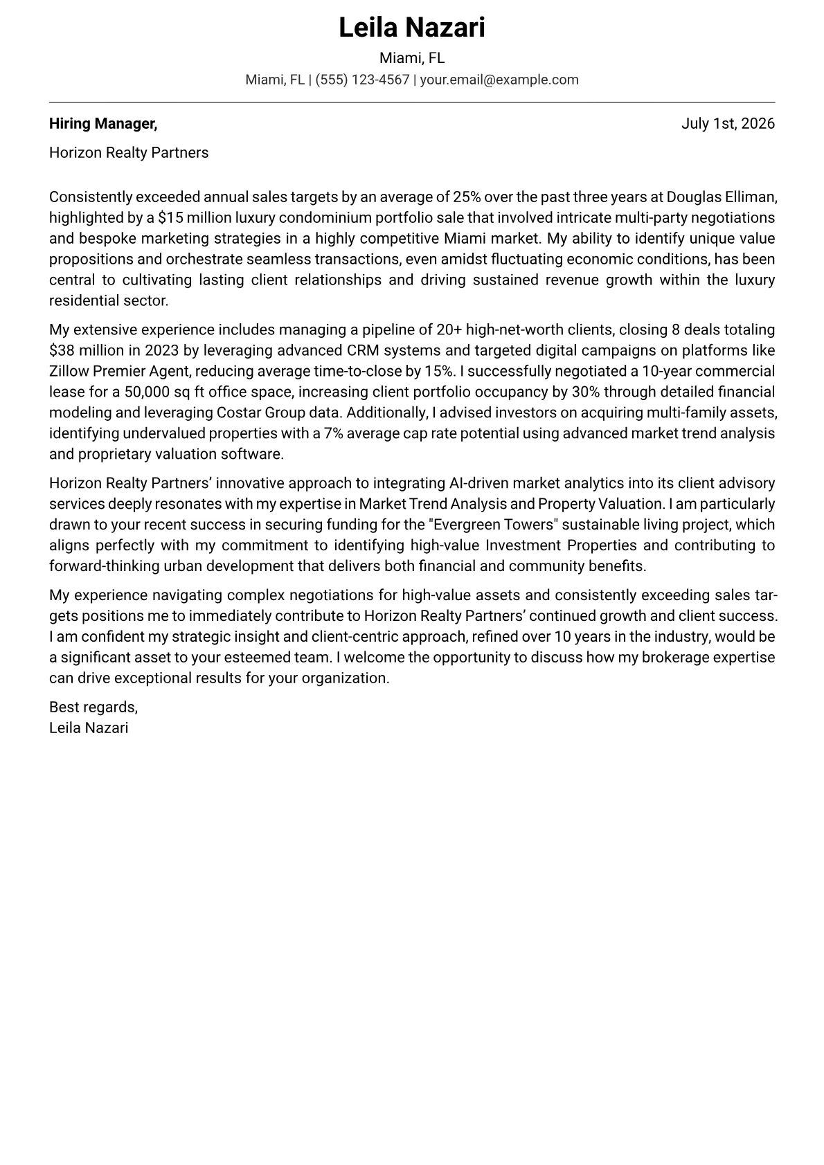 Real Estate Broker cover letter formatted with a JobSprout template