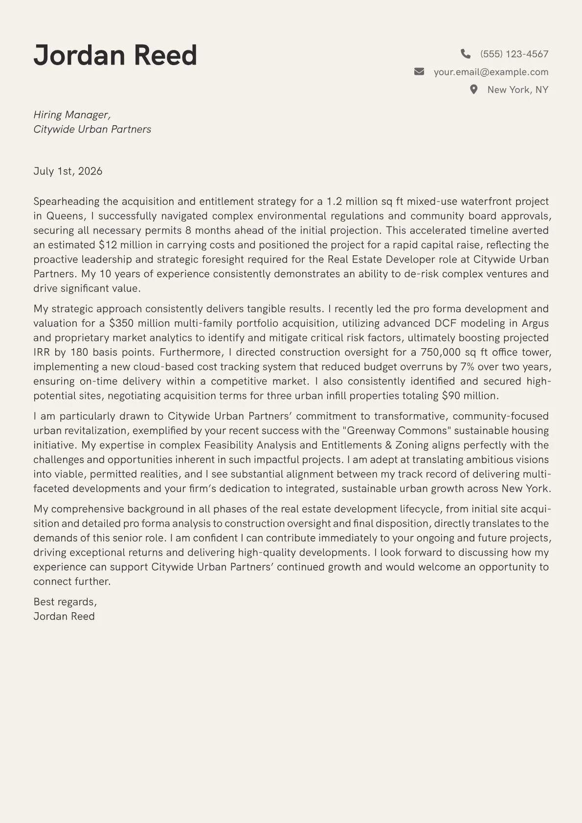Real Estate Developer cover letter formatted with a JobSprout template