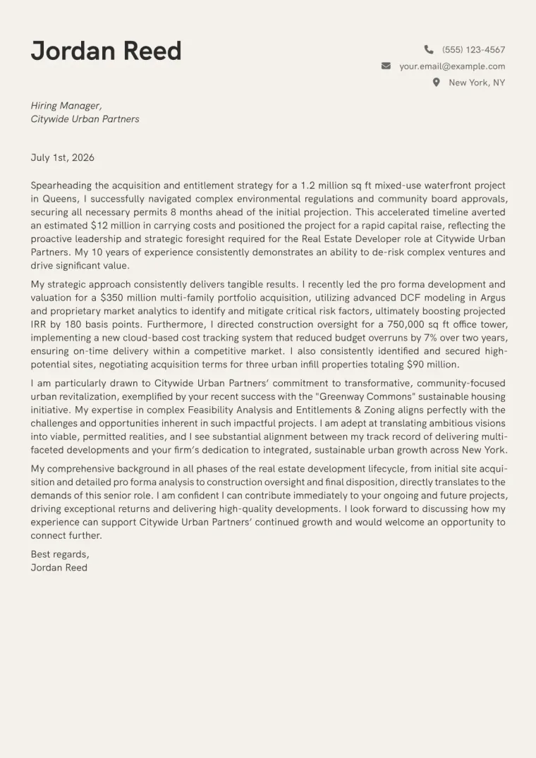Real Estate Developer cover letter example preview