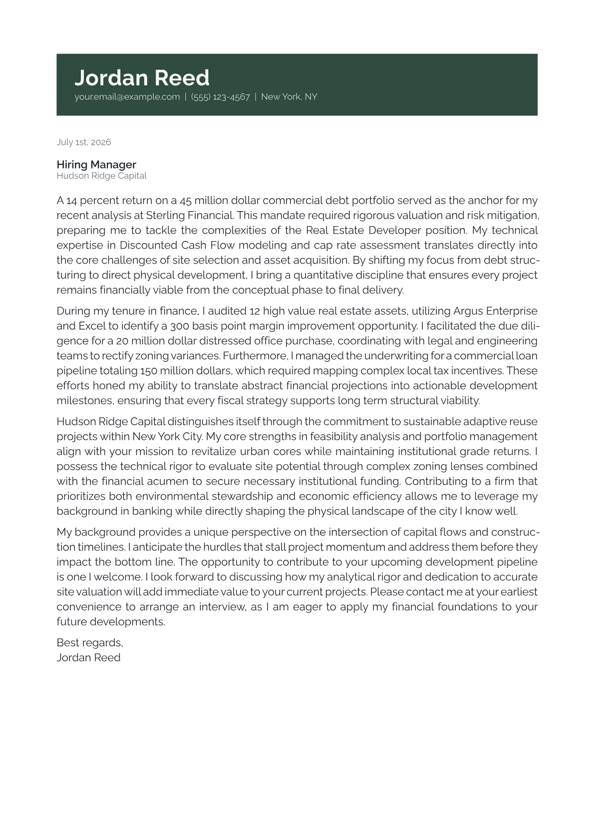 Real Estate Developer cover letter in the Banner design