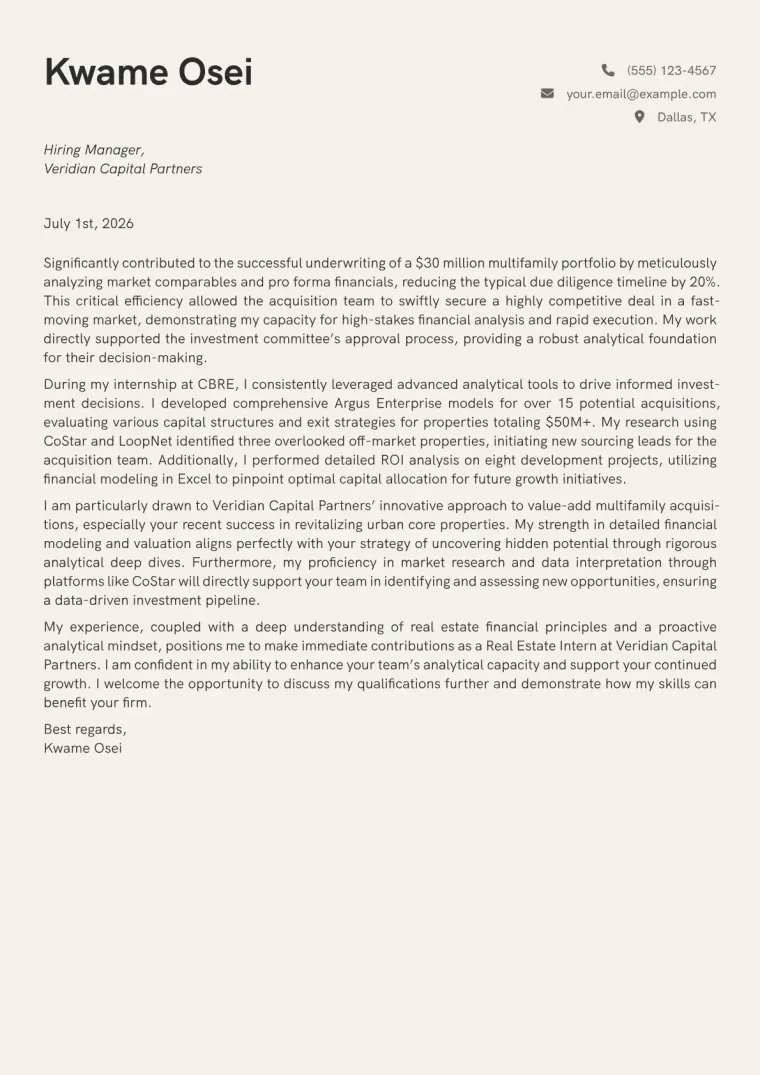 Real Estate Intern cover letter example preview