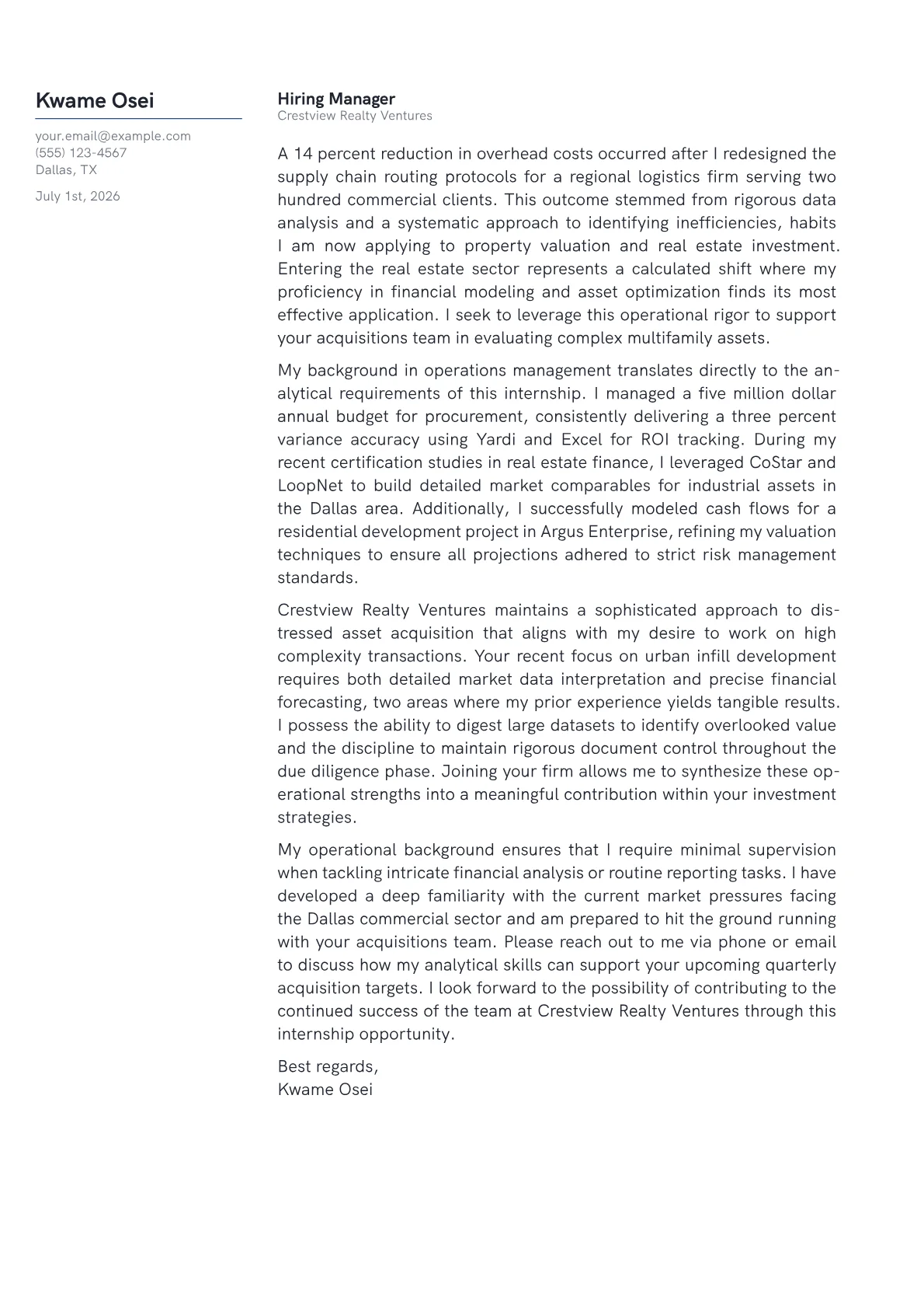 Real Estate Intern cover letter in the Margin design