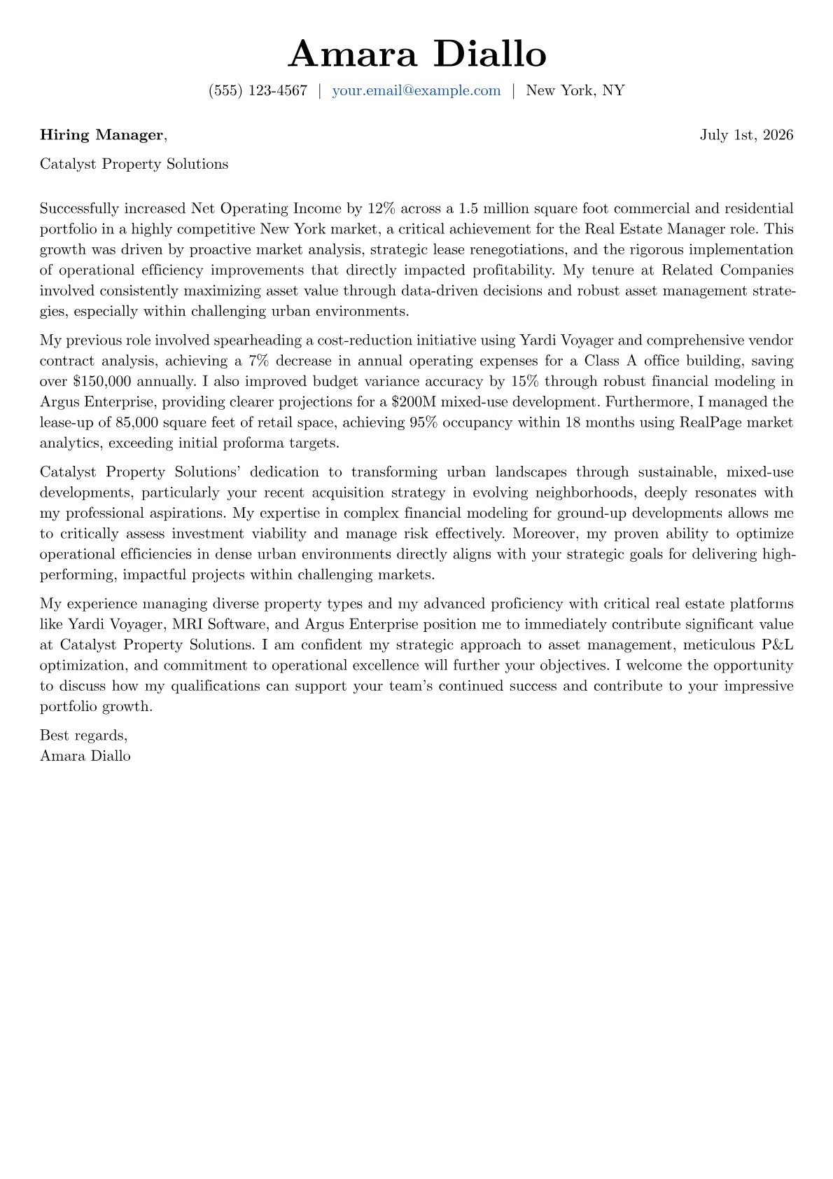 Real Estate Manager cover letter formatted with a JobSprout template
