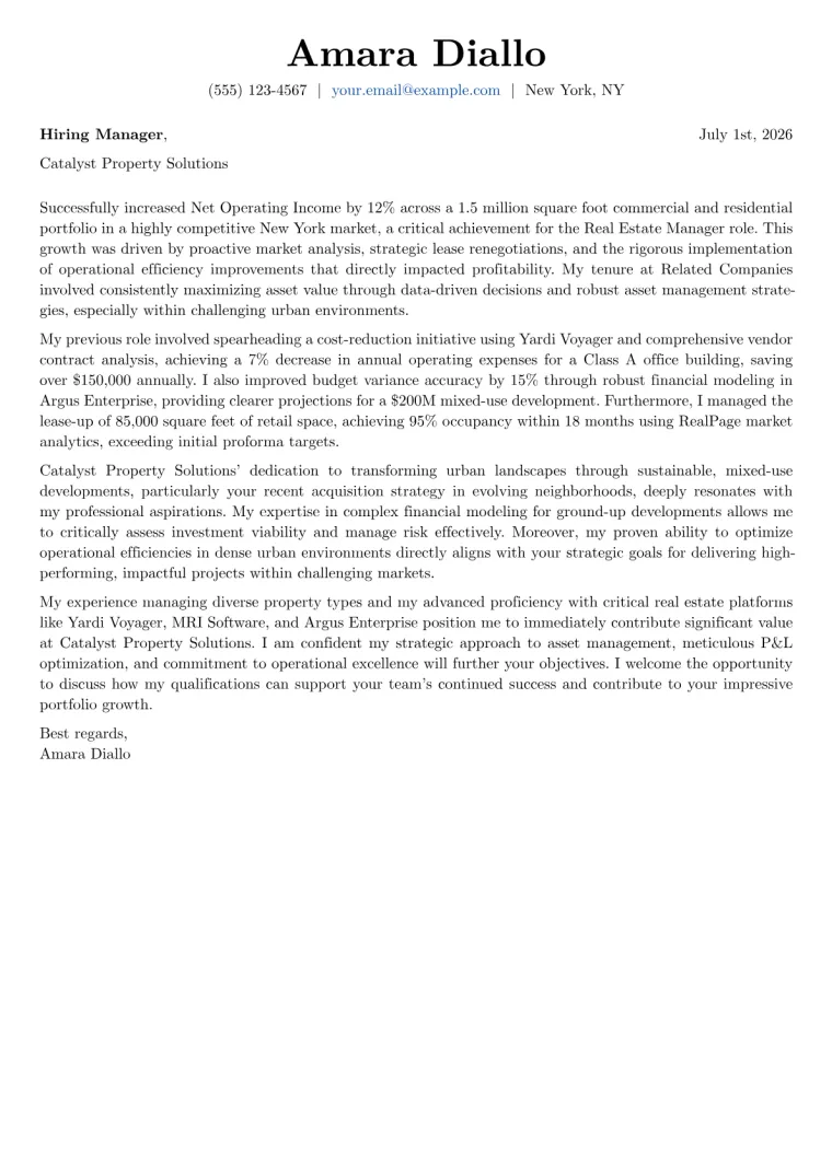Real Estate Manager Cover Letter Example
