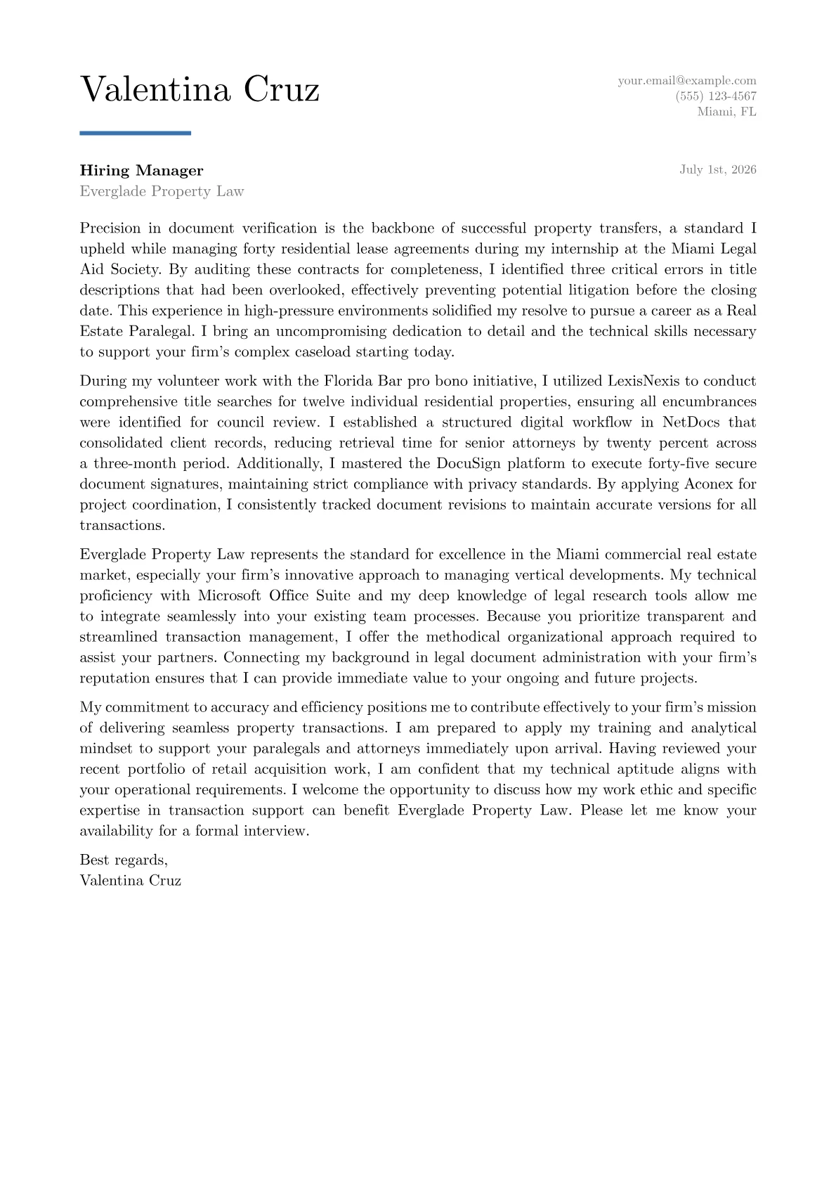 Real Estate Paralegal cover letter in the Executive design