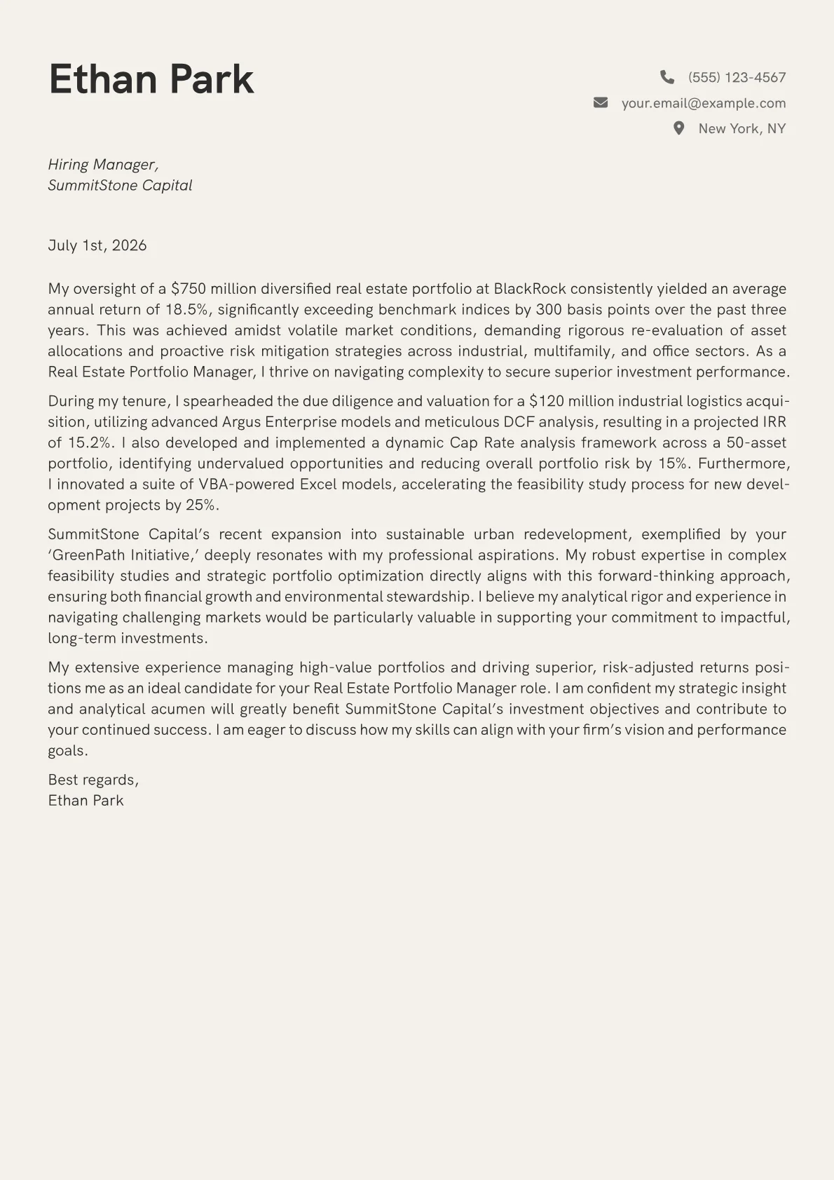 Real Estate Portfolio Manager cover letter formatted with a JobSprout template