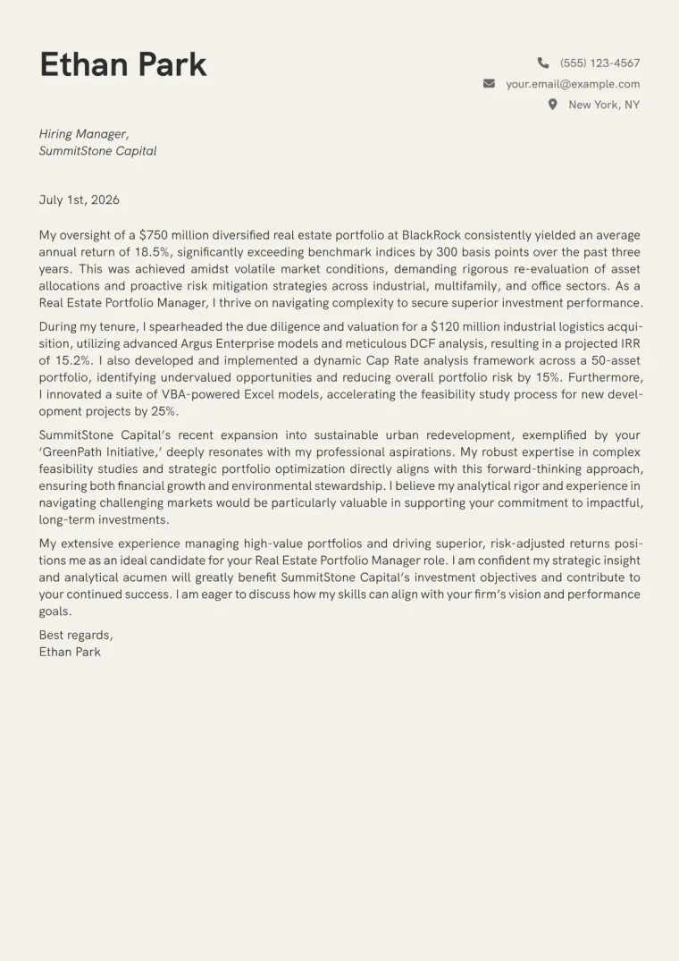 Real Estate Portfolio Manager cover letter example preview