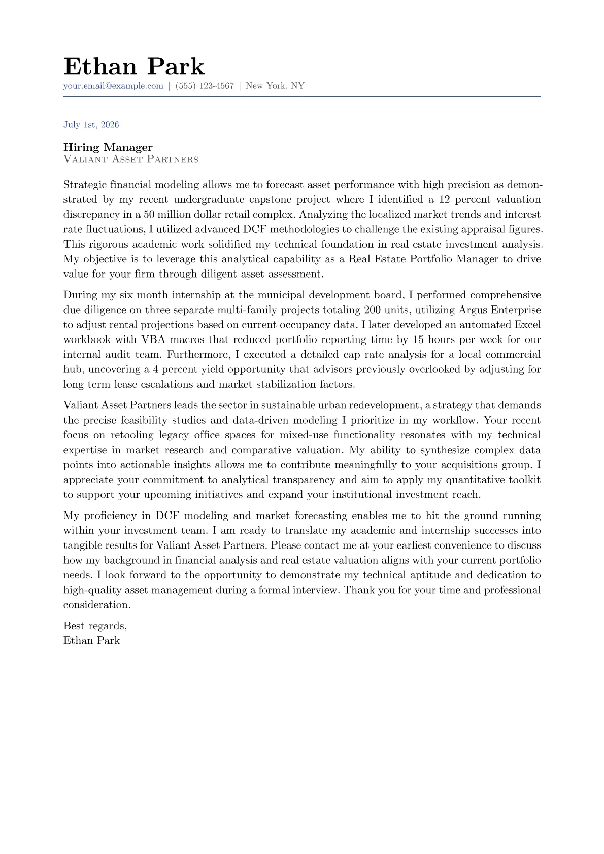 Real Estate Portfolio Manager cover letter in the Classic design