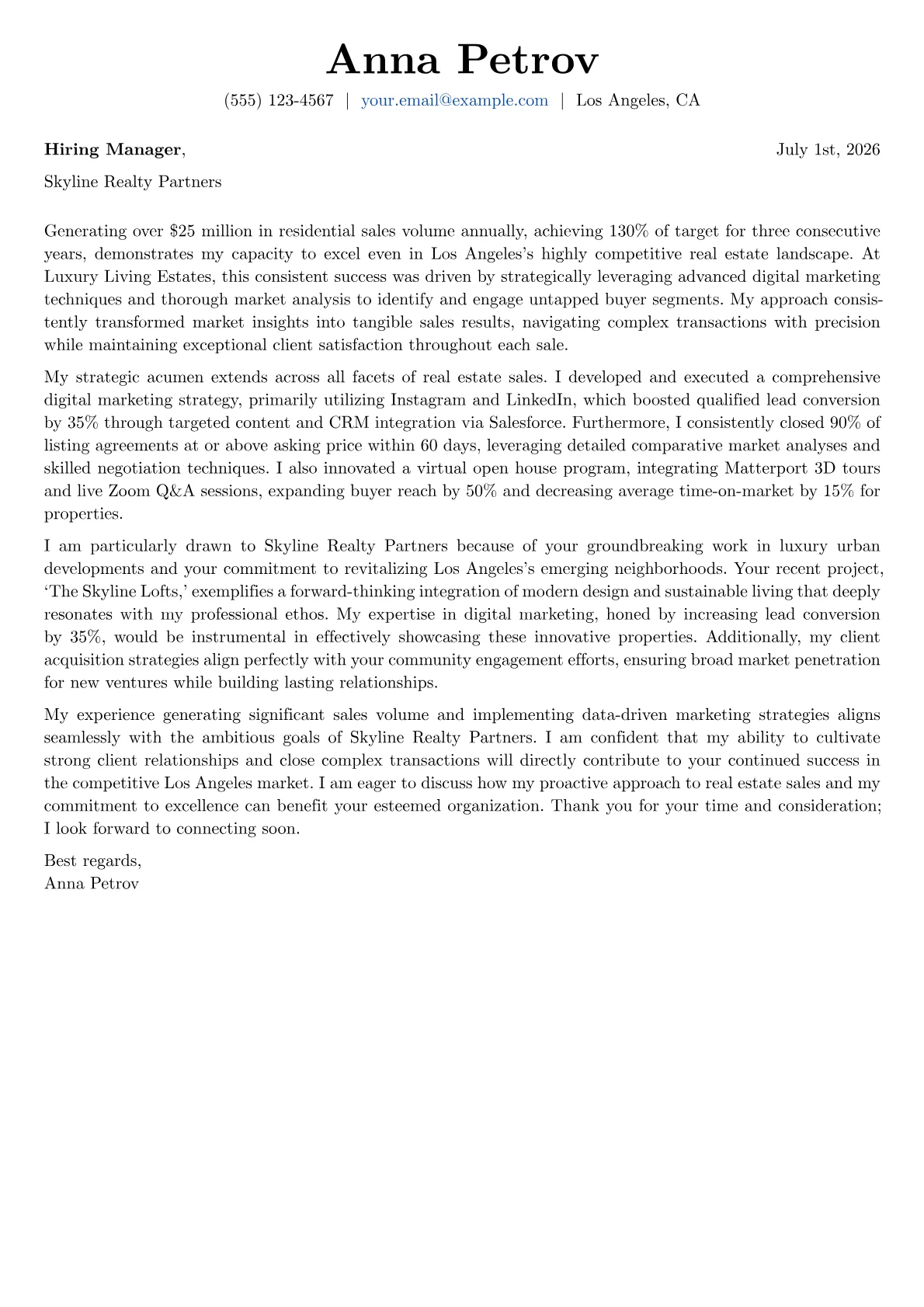 Real Estate Sales Agent cover letter formatted with a JobSprout template