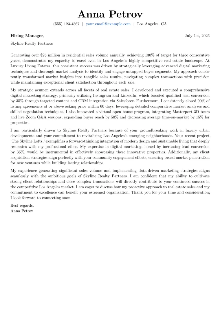 Real Estate Sales Agent Cover Letter Example