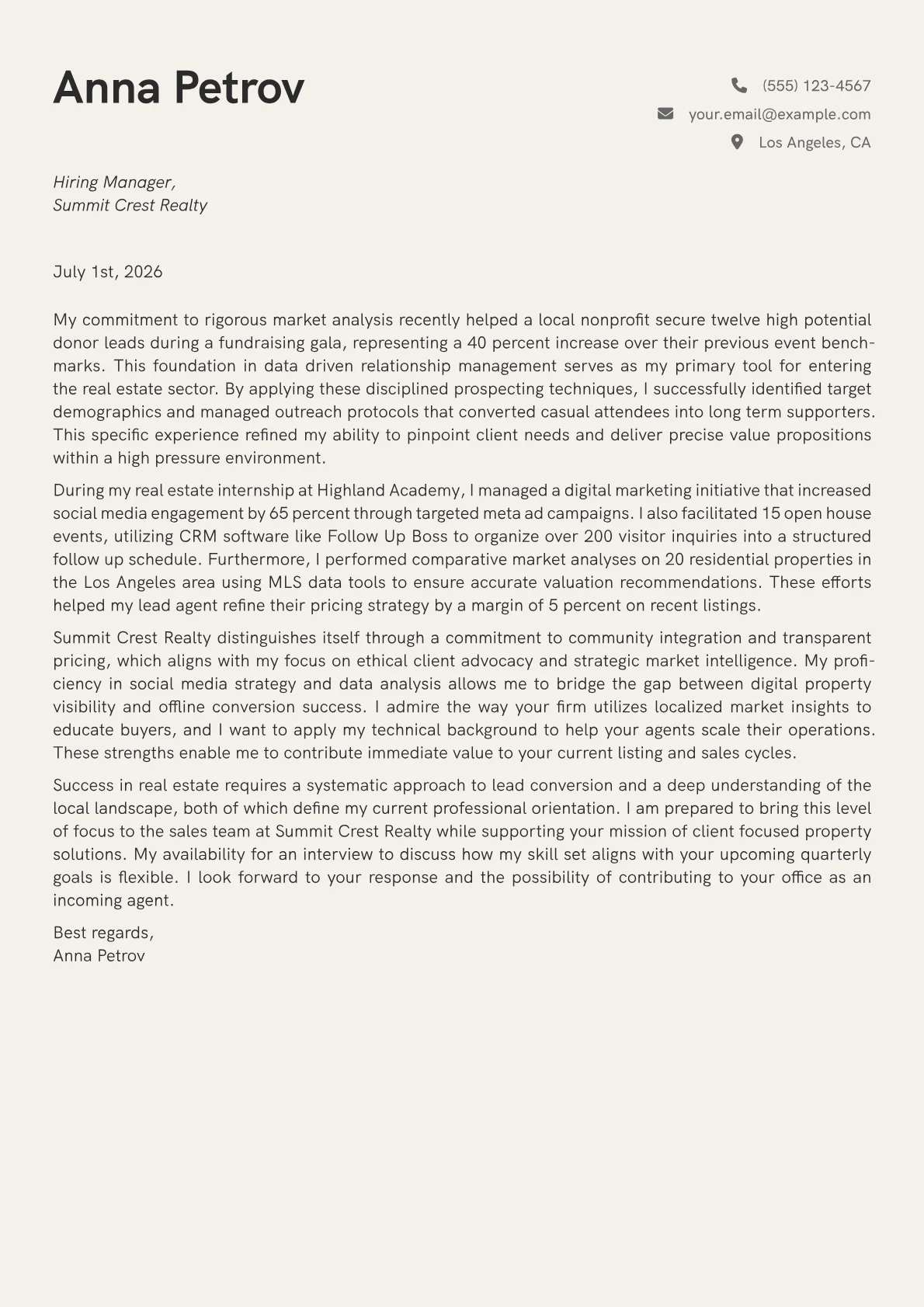 Real Estate Sales Agent cover letter in the Creative design