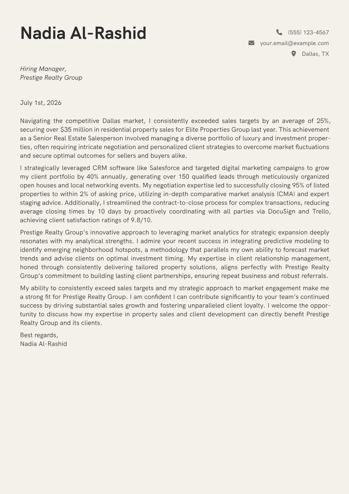 Real Estate Salesperson cover letter formatted with a JobSprout template