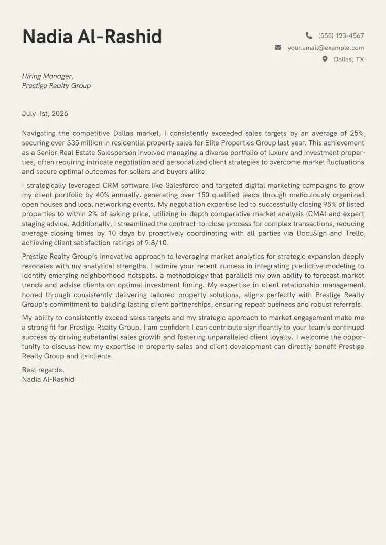 Real Estate Salesperson Cover Letter Example