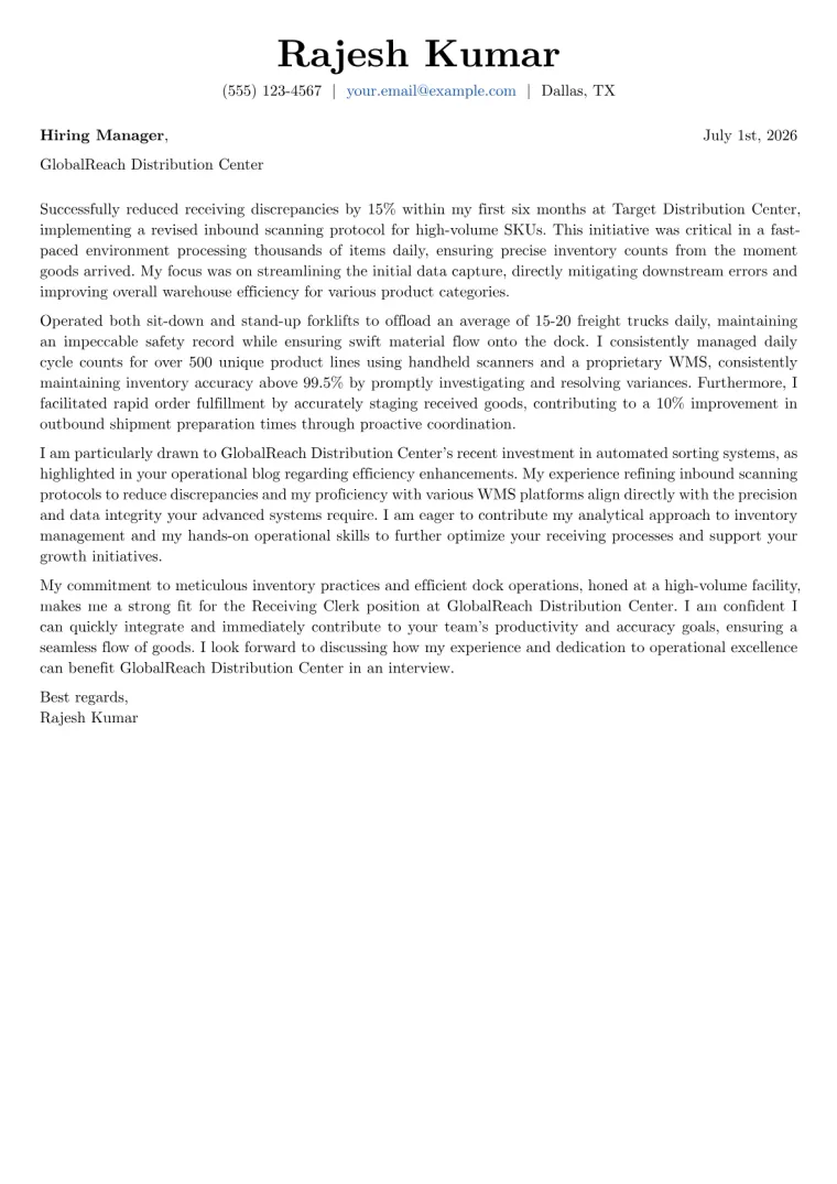 Receiving Clerk cover letter example preview