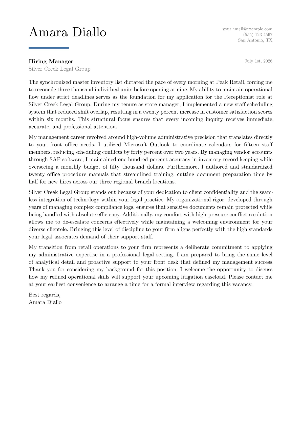 Receptionist cover letter in the Executive design