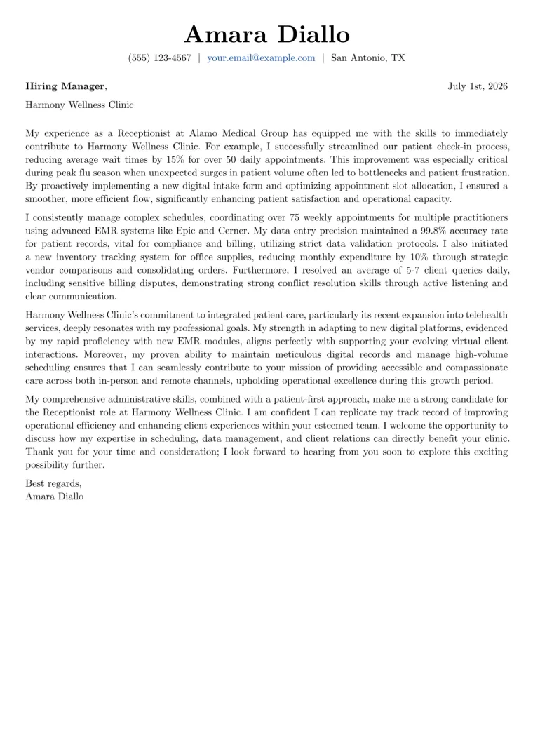 Receptionist Cover Letter Example