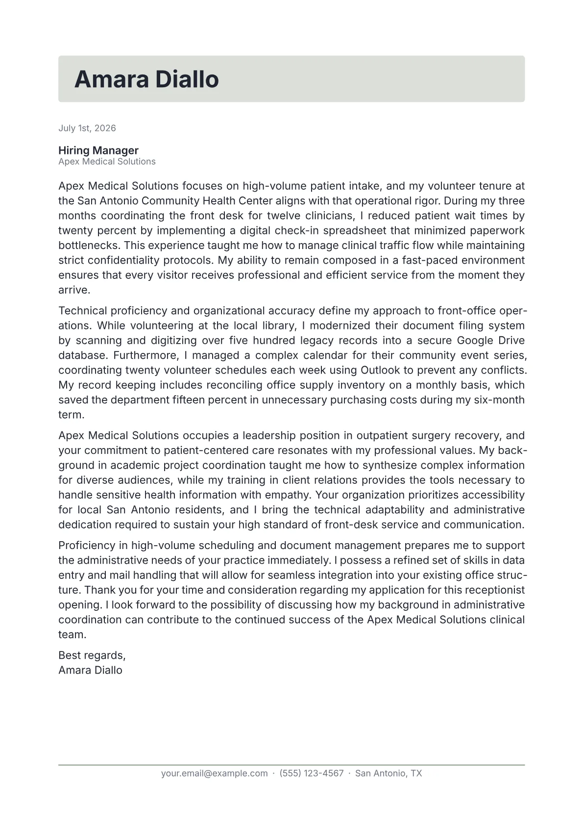 Receptionist cover letter in the Letterhead design