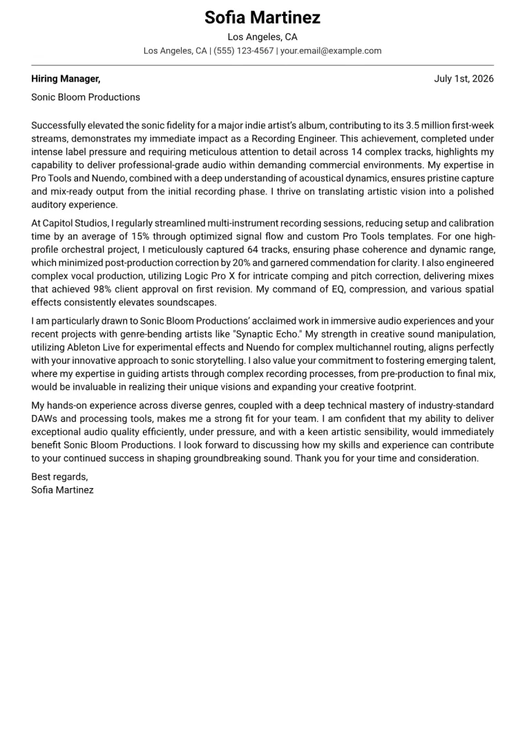 Recording Engineer Cover Letter Example