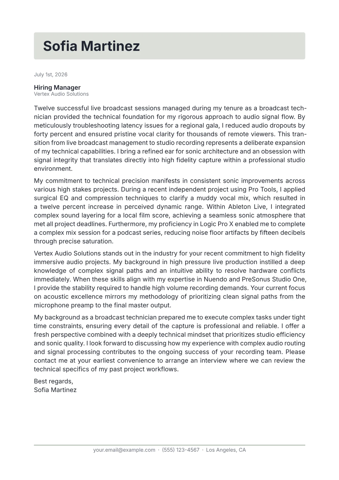 Recording Engineer cover letter in the Letterhead design