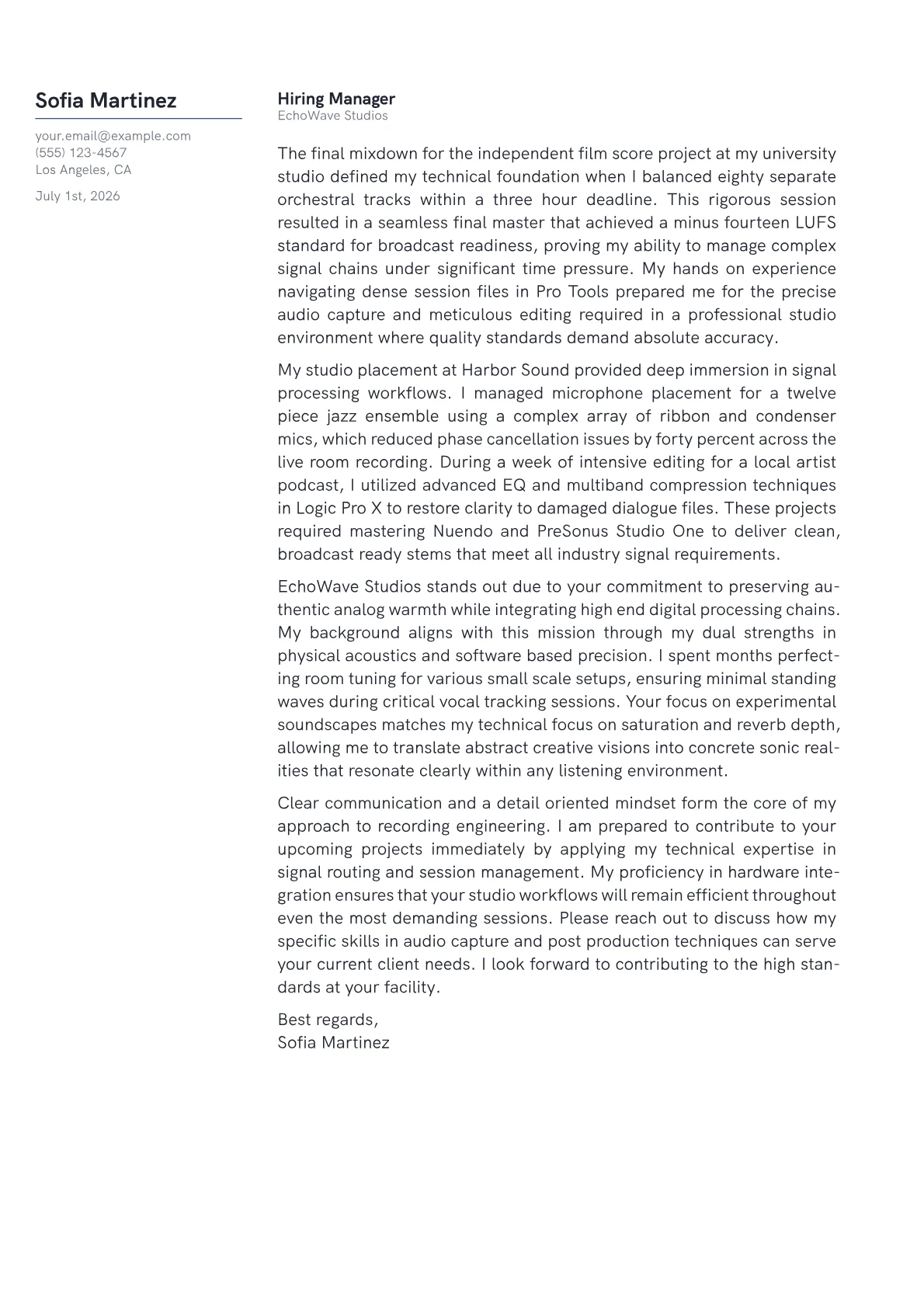 Recording Engineer cover letter in the Margin design