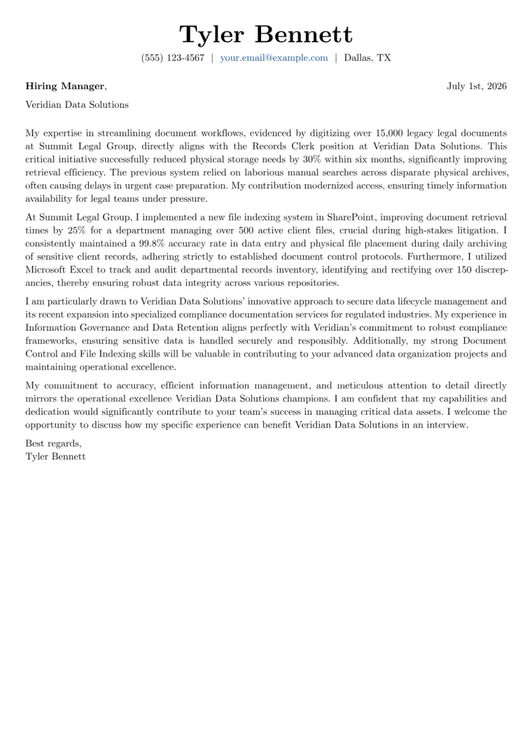 Records Clerk Cover Letter Example