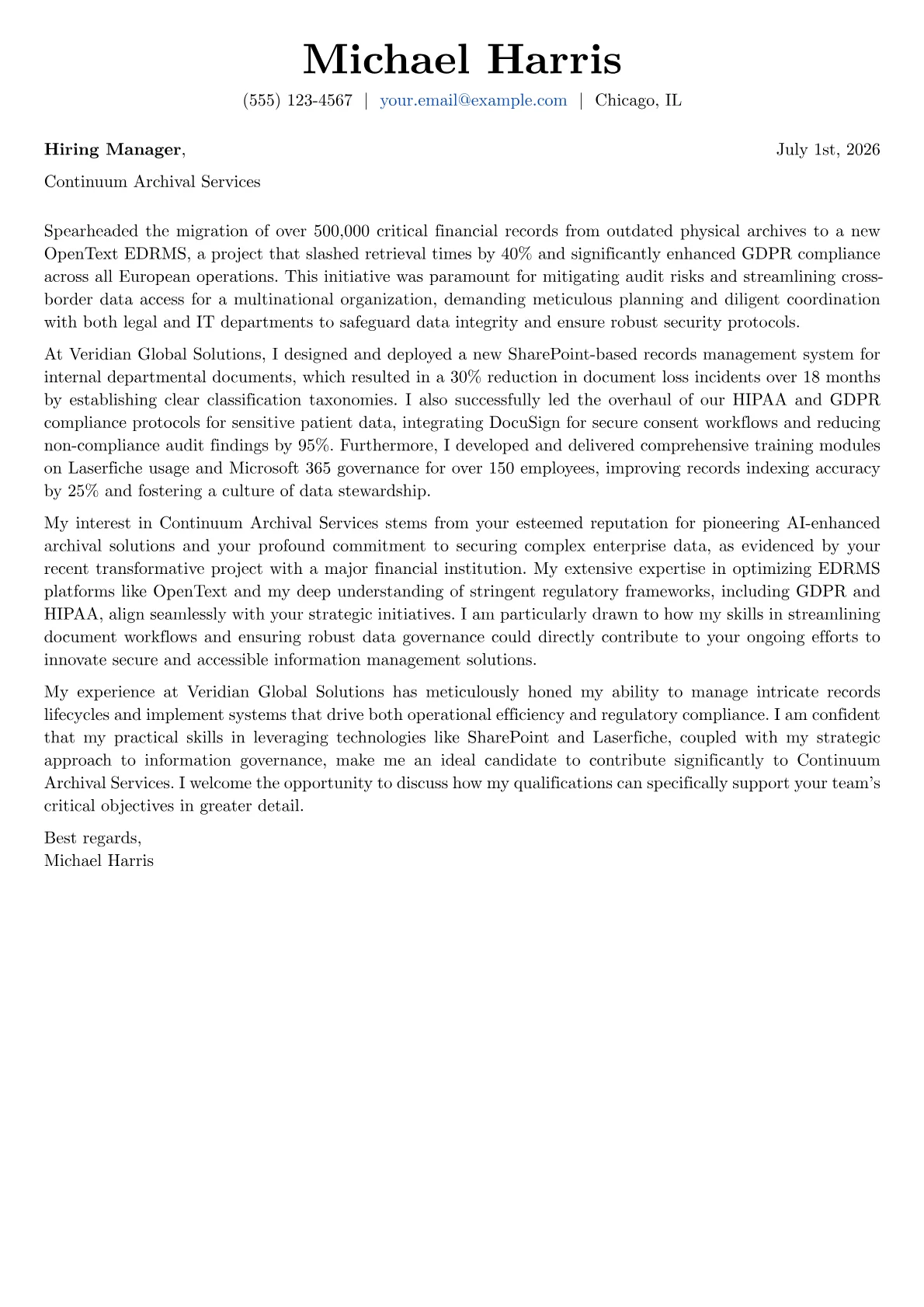 Records Manager cover letter formatted with a JobSprout template