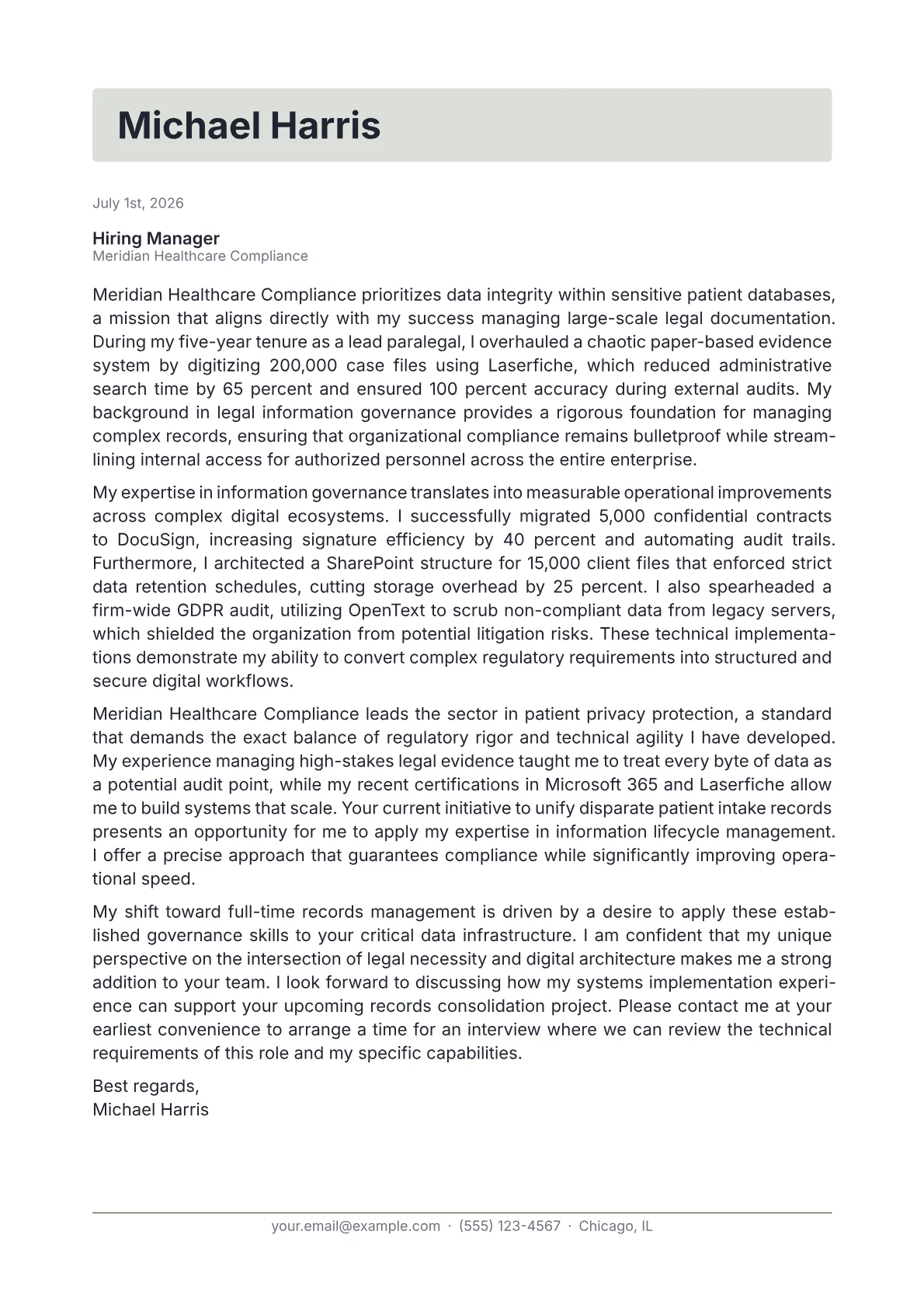 Records Manager cover letter in the Letterhead design