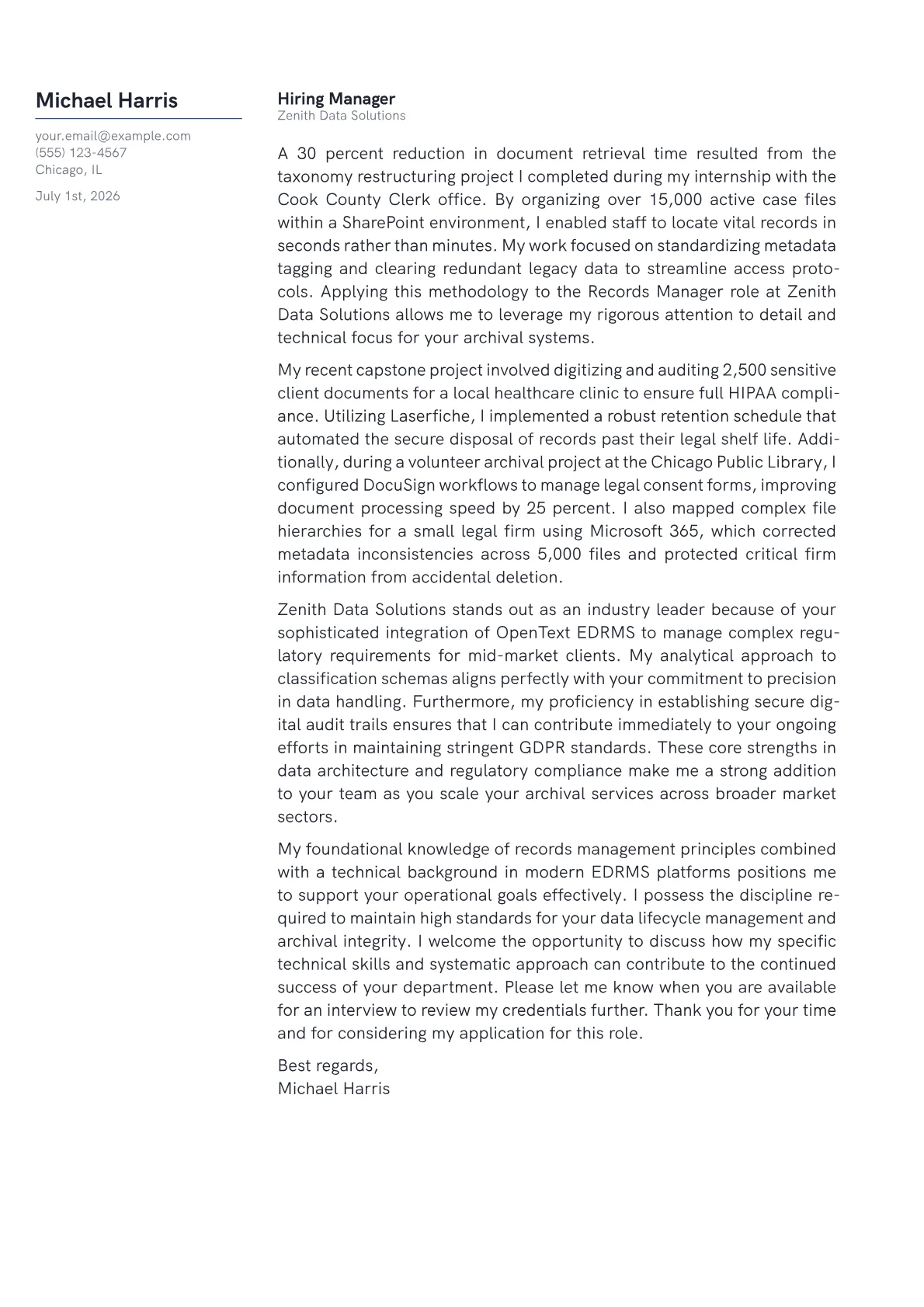 Records Manager cover letter in the Margin design