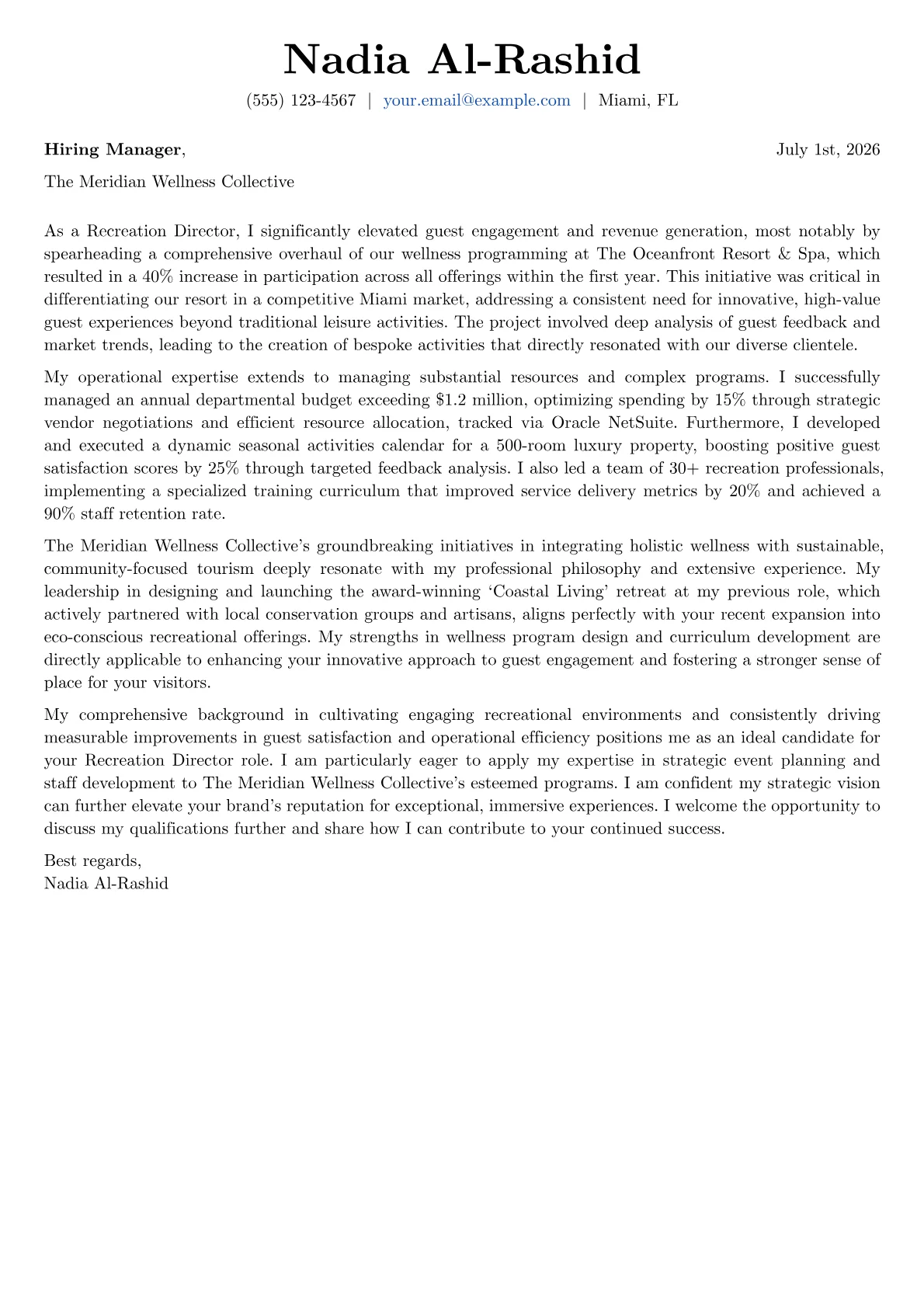 Recreation Director cover letter formatted with a JobSprout template