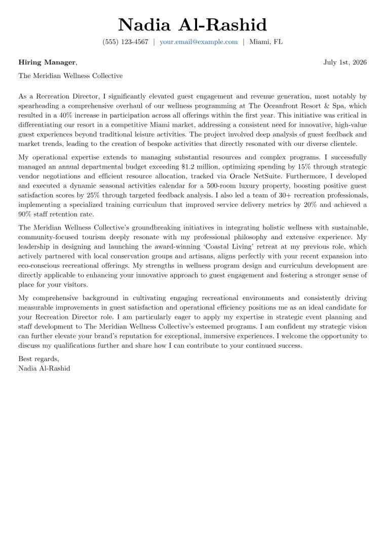 Recreation Director cover letter example preview