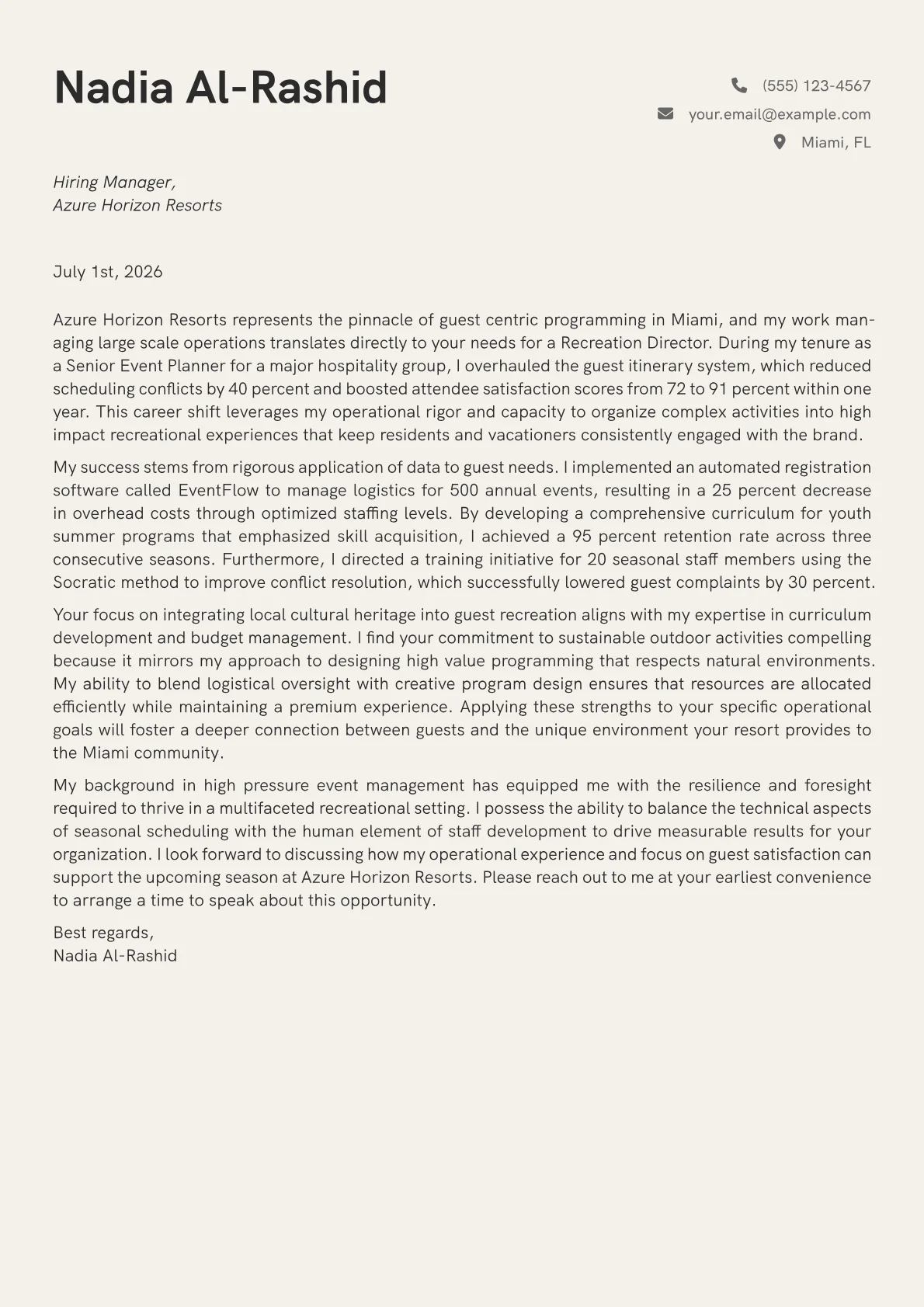 Recreation Director cover letter in the Creative design