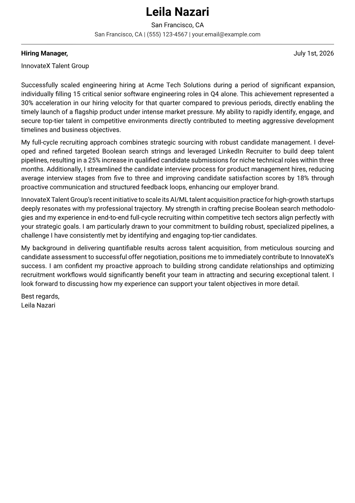 Recruiter cover letter formatted with a JobSprout template