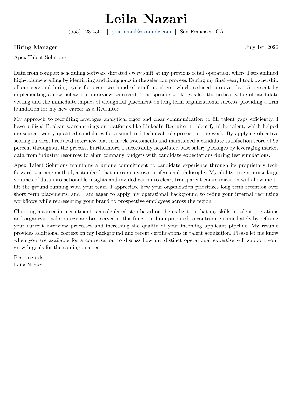 Recruiter cover letter in the Basic design