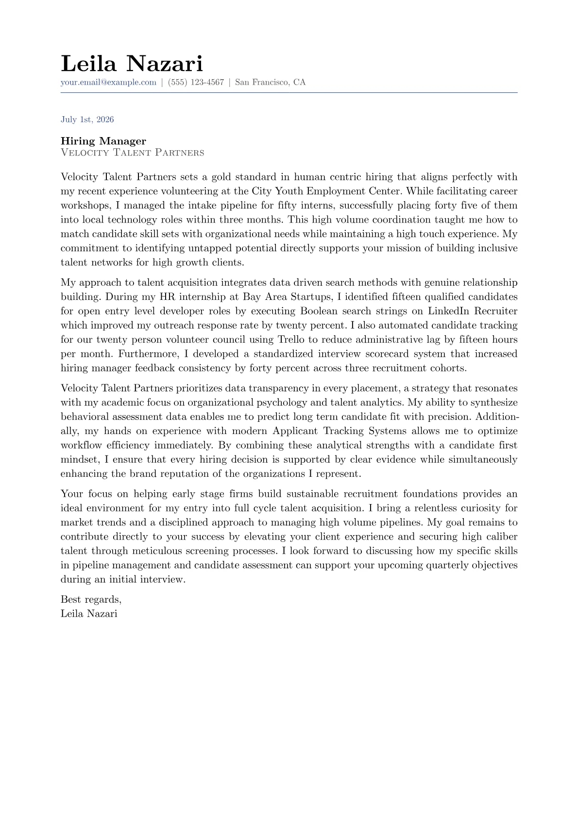 Recruiter cover letter in the Classic design