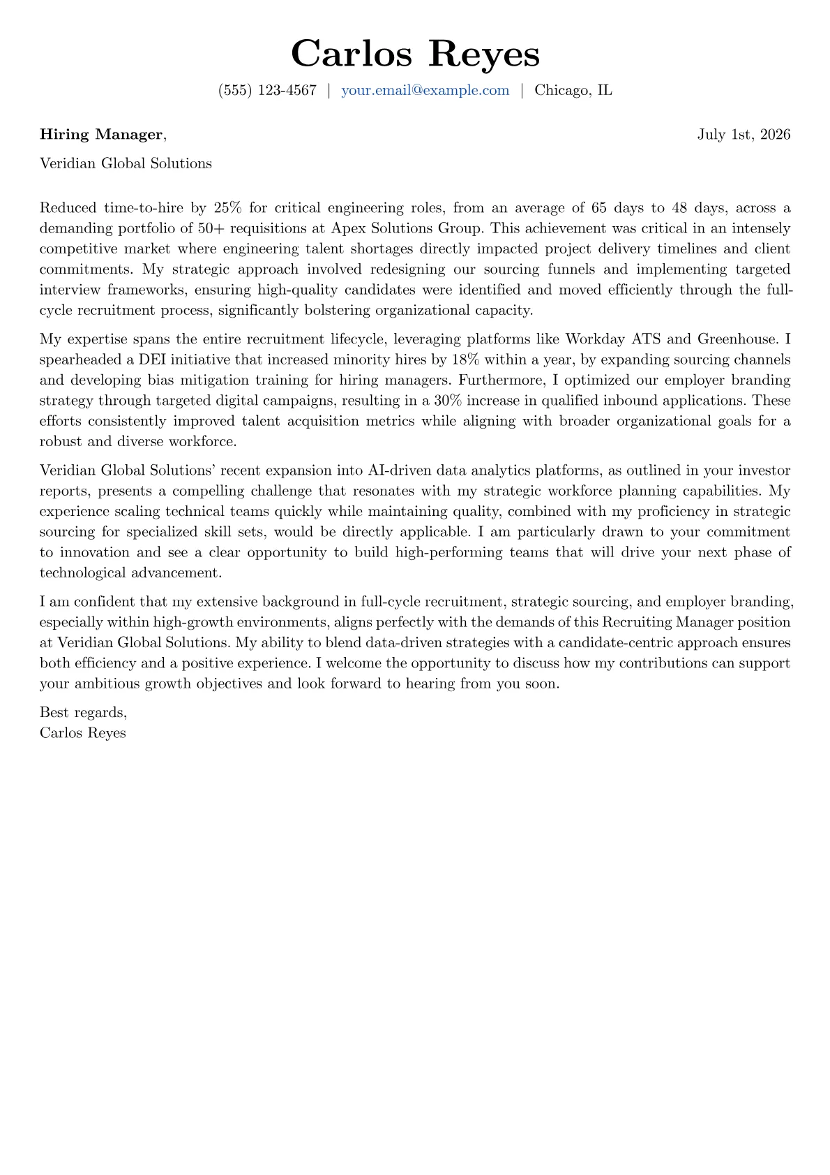 Recruiting Manager cover letter formatted with a JobSprout template