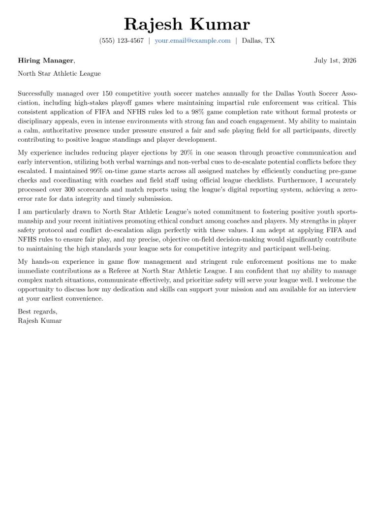 Referee Cover Letter Example