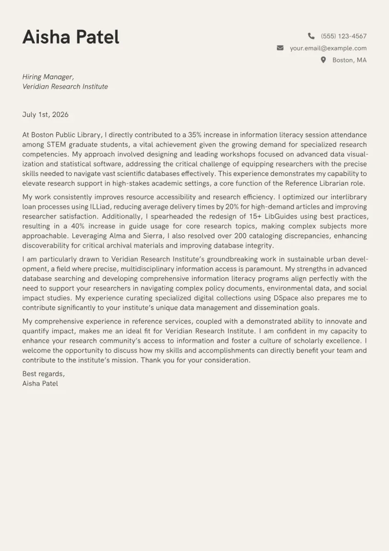 Reference Librarian cover letter example preview