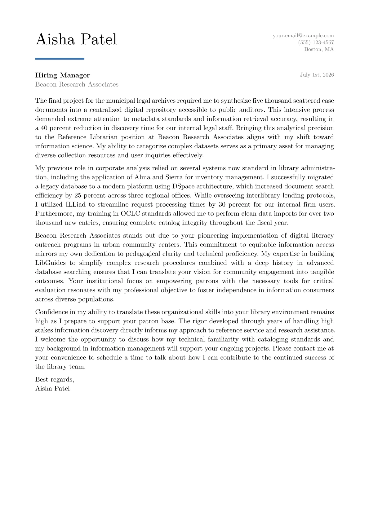 Reference Librarian cover letter in the Executive design