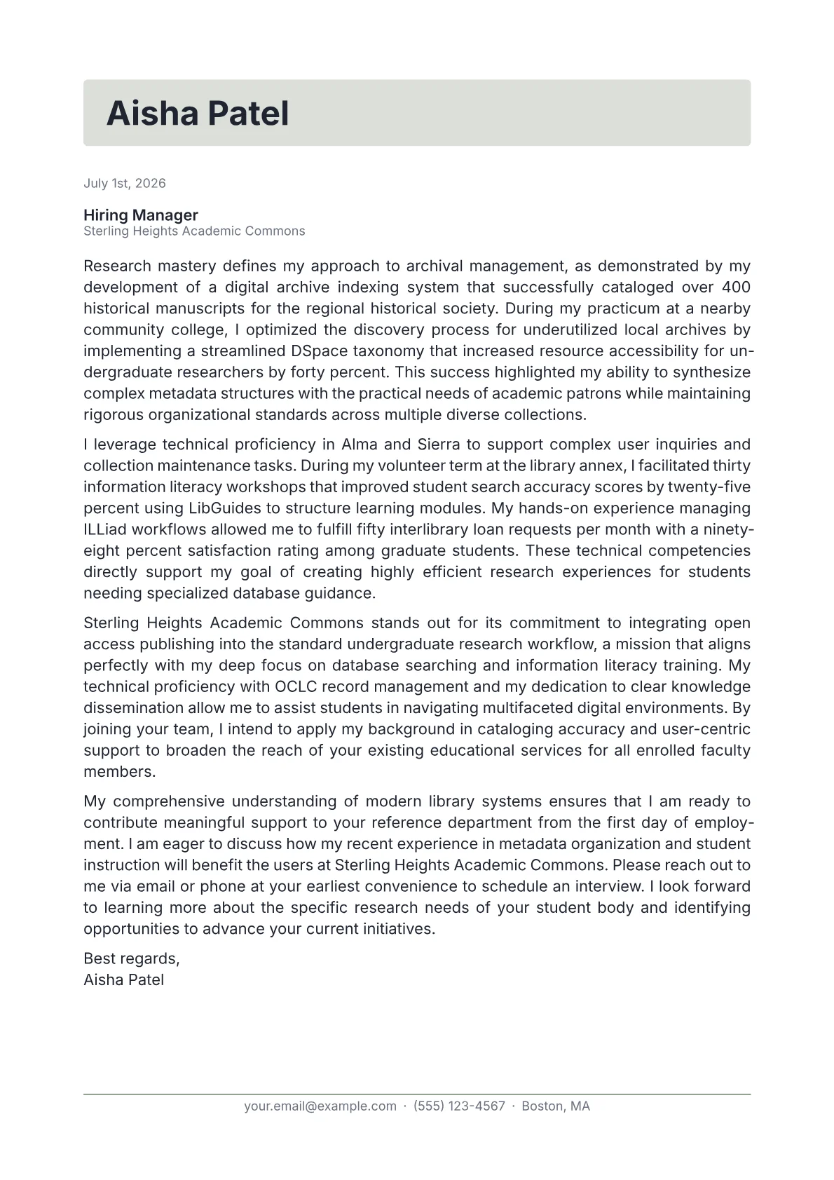 Reference Librarian cover letter in the Letterhead design