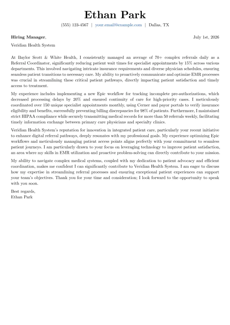 Referral Coordinator cover letter example preview
