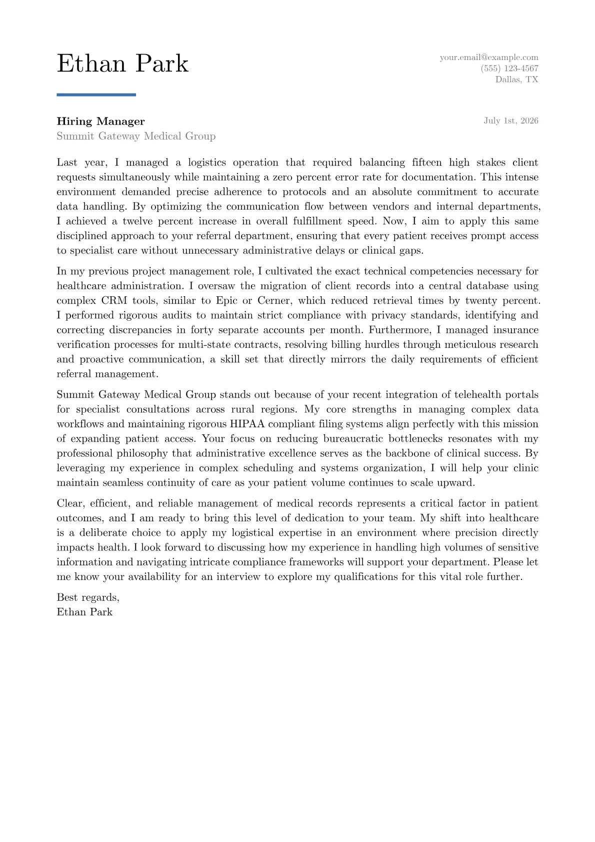 Referral Coordinator cover letter in the Executive design